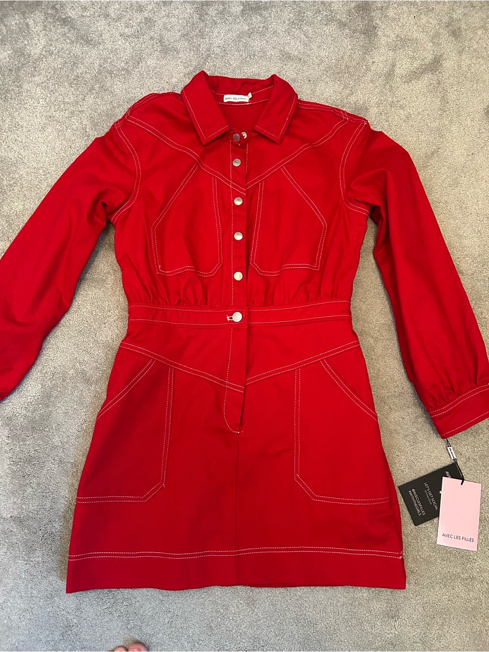 Avec Les Filles Red Long-Sleeve Button Dress with Contrast Stitching